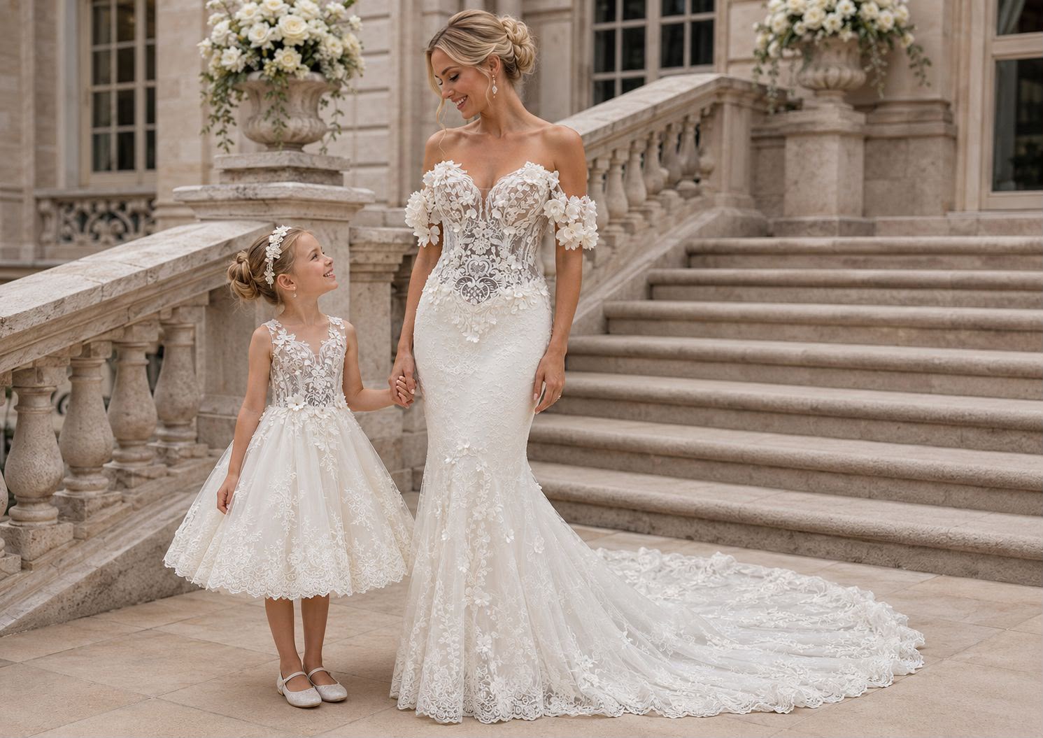 Moeder en dochter in zeemeerminjurk met off-shoulder bloemdecoratie op de schouders bij een kasteel